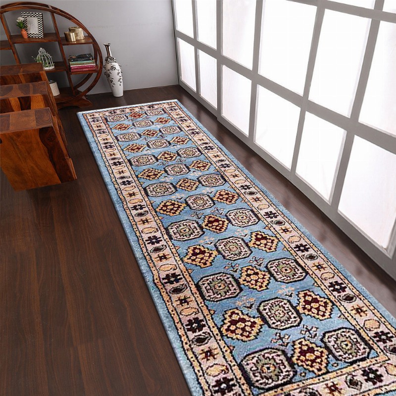 Rugsotic Carpets Hand Knotted Afghan Wool And Silk  Area Rug Oriental Kazak 2'6''x10' Aqua Cream
