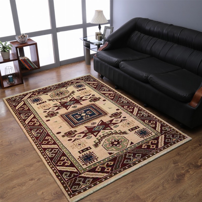 Rugsotic Carpets Hand Knotted Afghan Wool And Silk  Area Rug Oriental Kazak 5'x8' Cream Burgundy