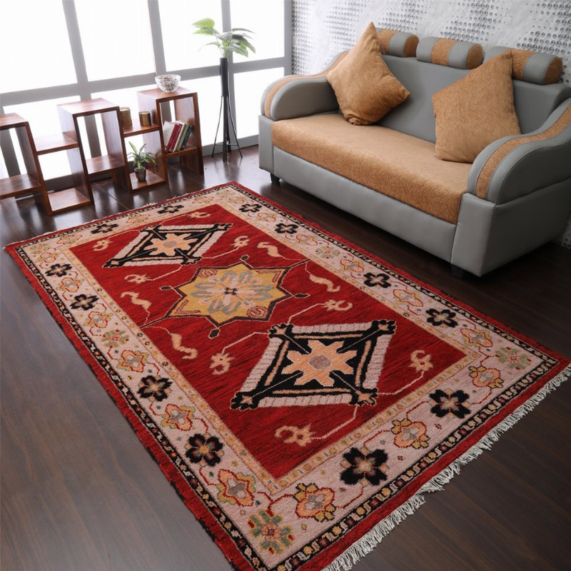 Rugsotic Carpets Hand Knotted Afghan Wool And Silk  Area Rug Oriental Kazak 5'x8' Red Beige