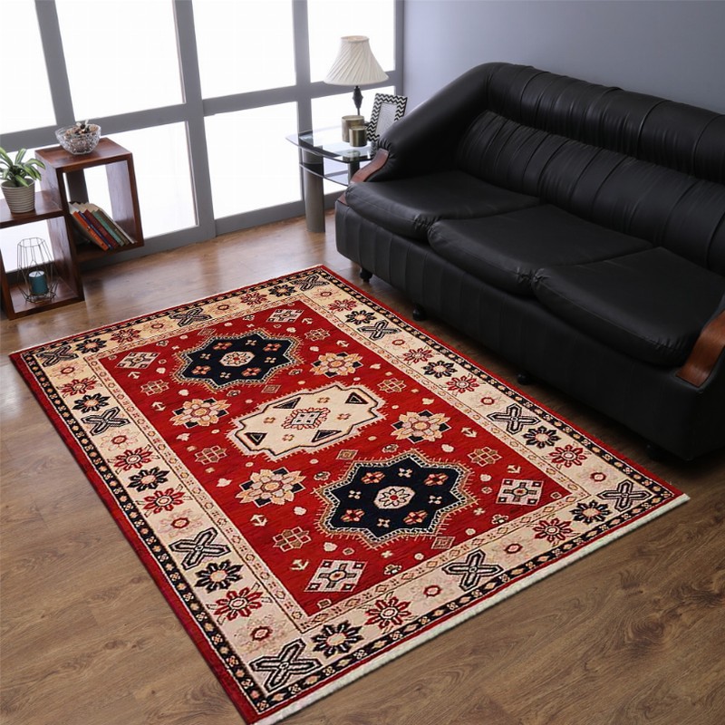 Rugsotic Carpets Hand Knotted Afghan Wool And Silk  Area Rug Oriental Kazak 5'x8' Red Cream