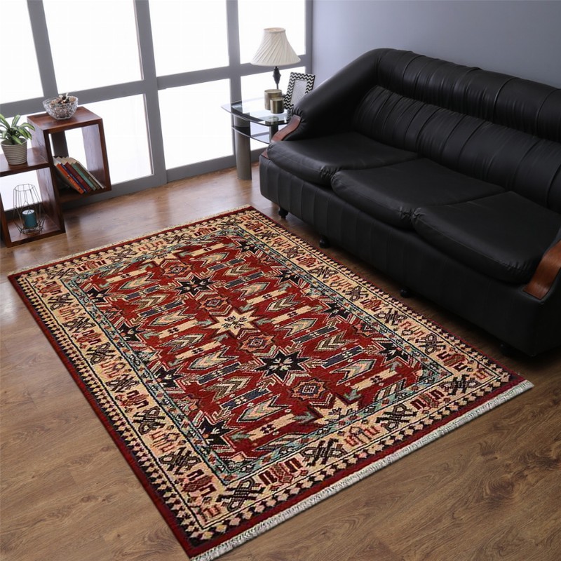 Rugsotic Carpets Hand Knotted Afghan Wool And Silk  Area Rug Oriental Kazak 5'x8' Red Cream1