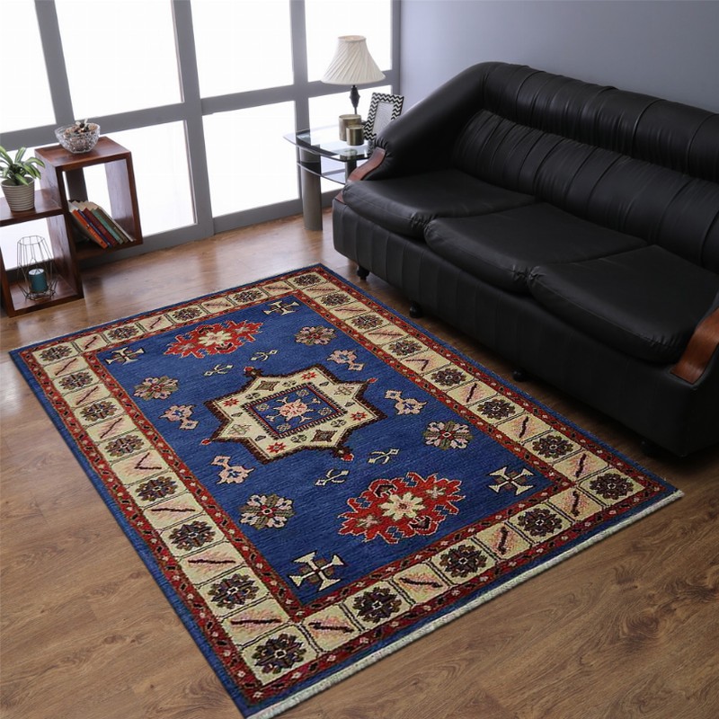 Rugsotic Carpets Hand Knotted Afghan Wool And Silk  Area Rug Oriental Kazak 5'x8' Aqua White