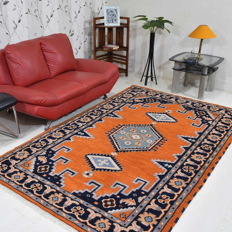 Rugsotic Carpets Hand Knotted Afghan Wool And Silk  Area Rug Oriental Kazak 5'x8' Dark Orange Navy