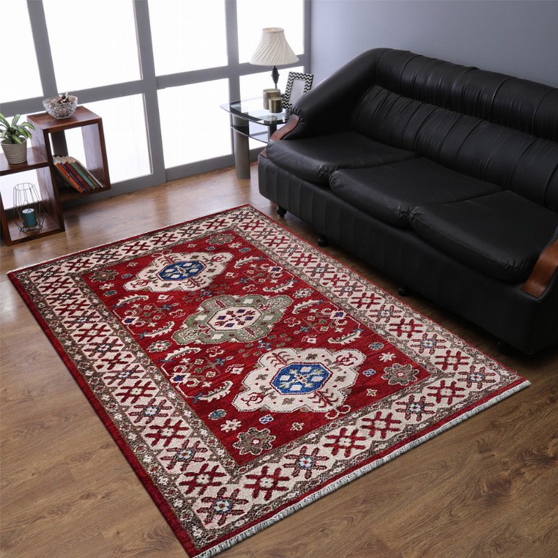 Rugsotic Carpets Hand Knotted Afghan Wool And Silk  Area Rug Oriental Kazak 5'x8' Red Cream2
