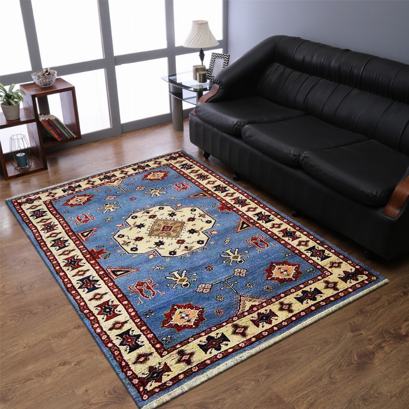Rugsotic Carpets Hand Knotted Afghan Wool And Silk  Area Rug Oriental Kazak 6'x9' Blue White