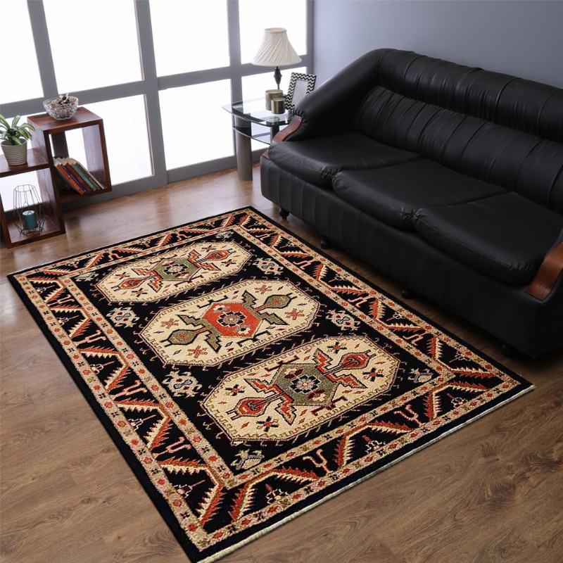 Rugsotic Carpets Hand Knotted Afghan Wool And Silk  Area Rug Oriental Kazak 6'x9' Black Cream