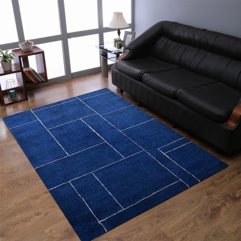 Rugsotic Carpets Hand Knotted Loom Silk Mix Area Rug Geometric 5'x8' Dark Blue Beige