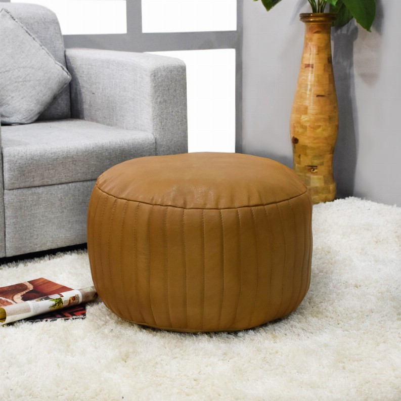 Solid Handmade Goat Leather Round Pouf (Recycled Cotton Fill) - 14x14x14 Beige