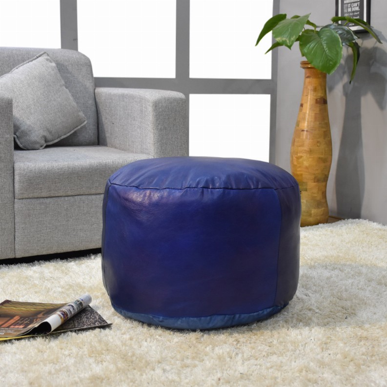 Solid Handmade Goat Leather Round Pouf (Recycled Cotton Fill) - 14x14x14 Blue