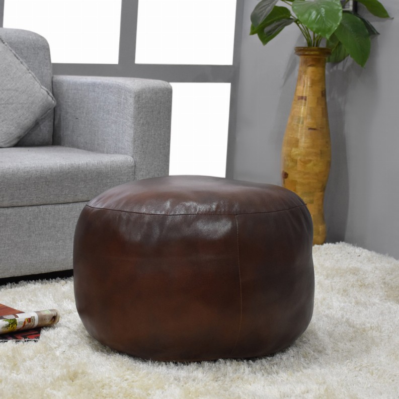 Solid Handmade Goat Leather Round Pouf (Recycled Cotton Fill) - 14x14x14 Brown1