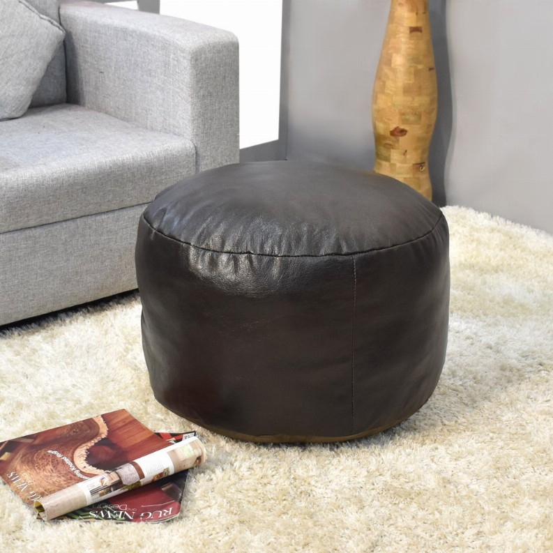 Solid Handmade Goat Leather Round Pouf (Recycled Cotton Fill) - 14x14x14 Brown2