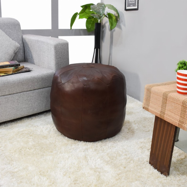 Solid Handmade Goat Leather Round Pouf (Recycled Cotton Fill) - 14x14x14 Brown3