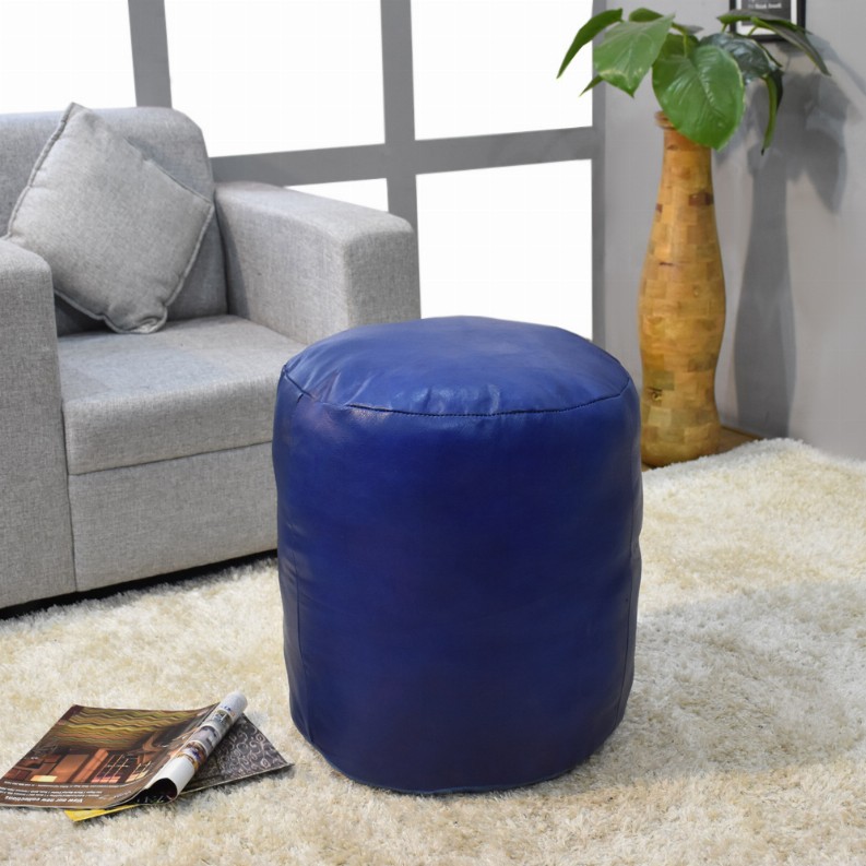 Solid Handmade Goat Leather Round Pouf (Recycled Cotton Fill) - 18x18x18 Blue
