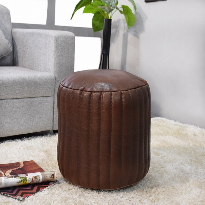 Solid Handmade Goat Leather Round Pouf (Recycled Cotton Fill) - 18x18x18 Brown
