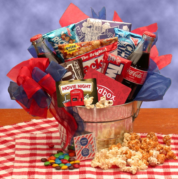 Snack Gift Baskets - 18x12x8 inBlockbuster Night Movie Pail - with 10.00 Redbox Gift Card