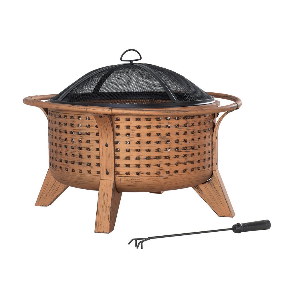 Sunjoy 30 in. Outdoor Wood-Burning Fire Pit, Patio Woven Round Steel Firepit Large Fire Pits for Outside with Spark Screen and P