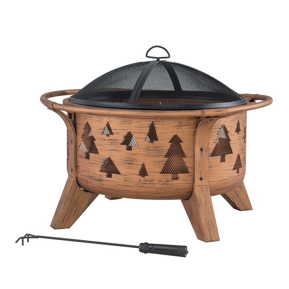 Sunjoy 30 in. Outdoor Wood-Burning Fire Pit, Patio Tree Motif Round Steel Firepit Large Fire Pits for Outside with Spark Screen 