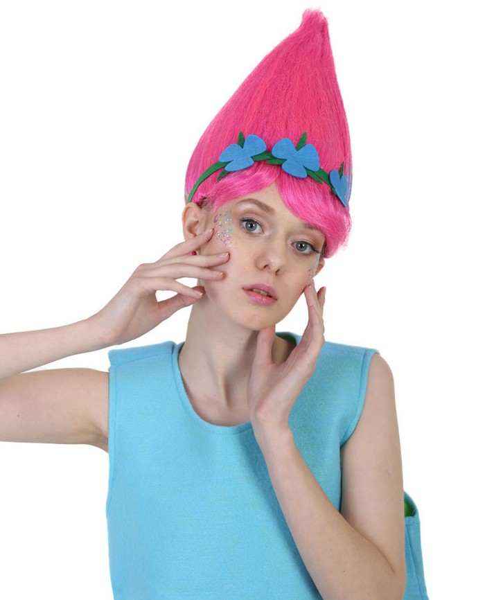 Princess Troll Pink Wig with Green and Blue Felt Flower Crown