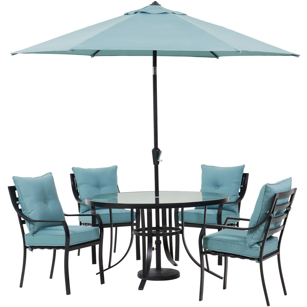 Lavallette5pc: 4 Dining Chairs, Round Glass Tbl, Umbrella & Base