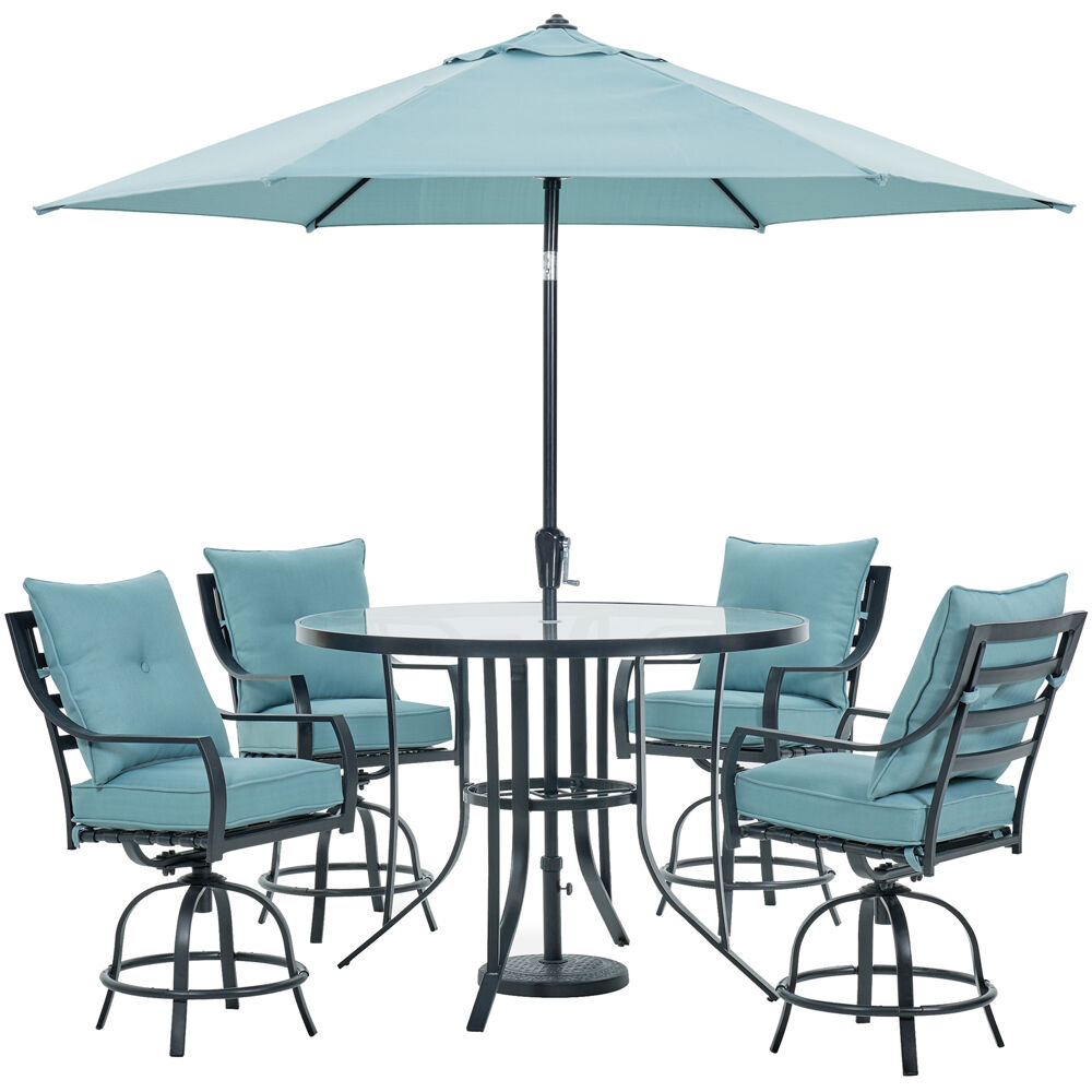 Lavallette5pc: 4 Swivel Bar Chairs, Bar Glass Table, Umbrella & Base