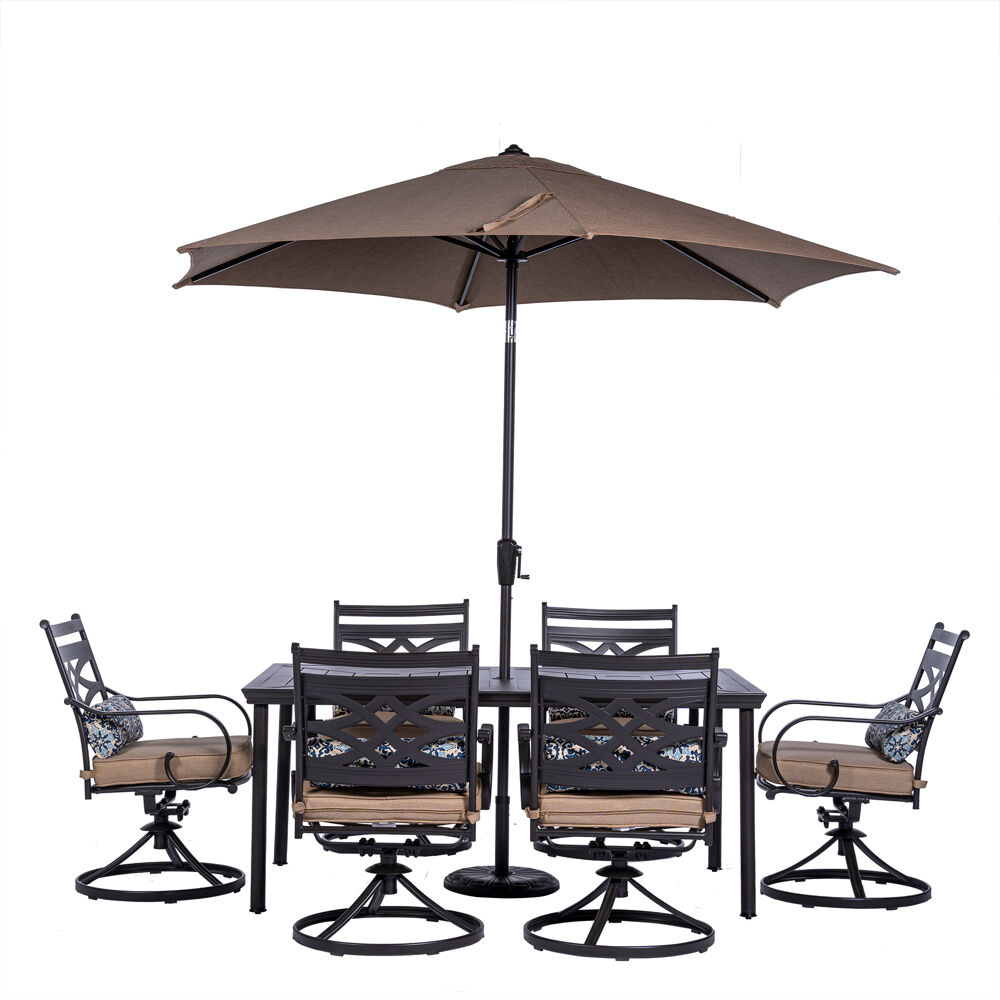 Montclair7pc: 6 Swivel Rockers, 40x66" Dining Table, Umbrella & Base