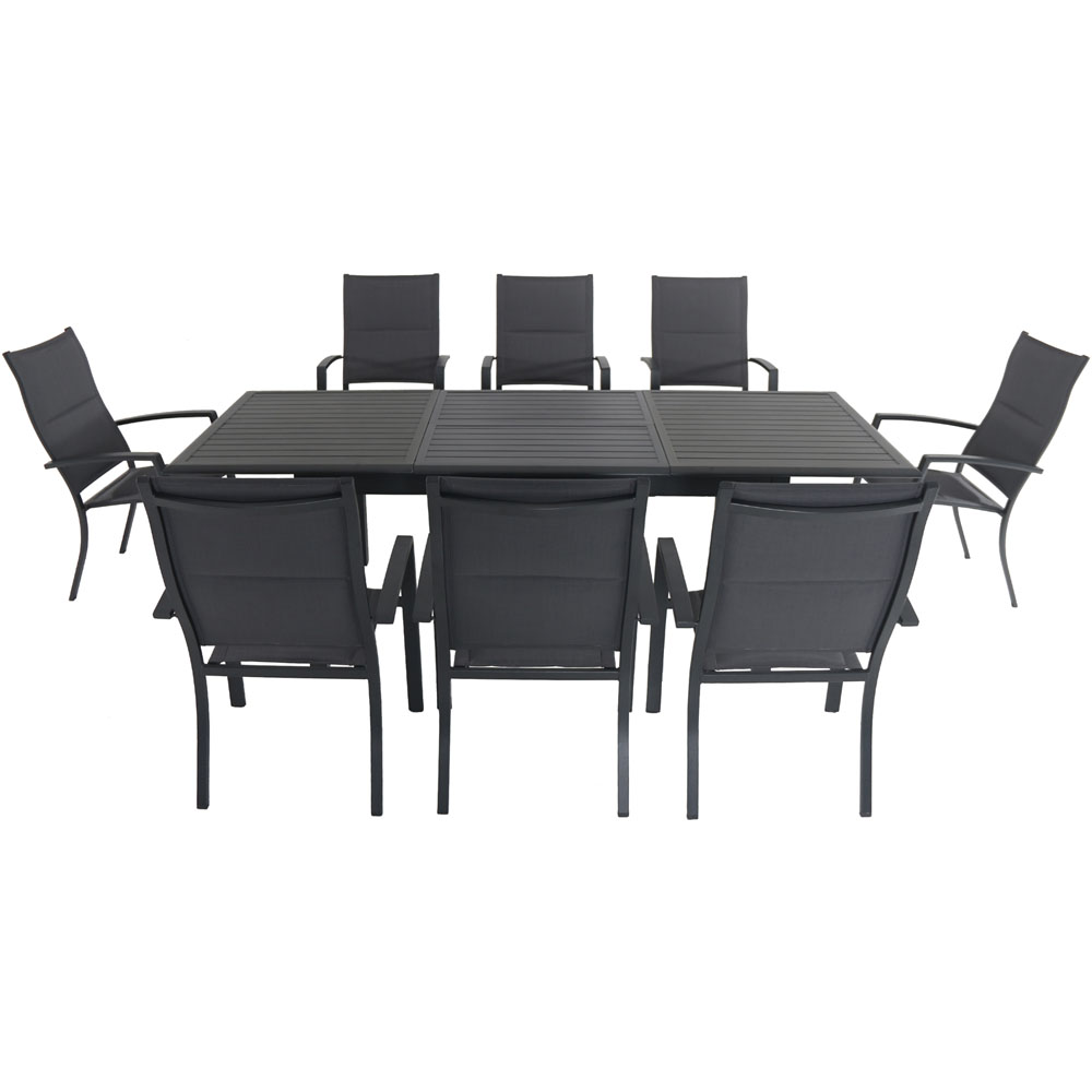 Cameron9pc: 8 High Back Padded Sling Chairs, 63-94" Alum Extension Table