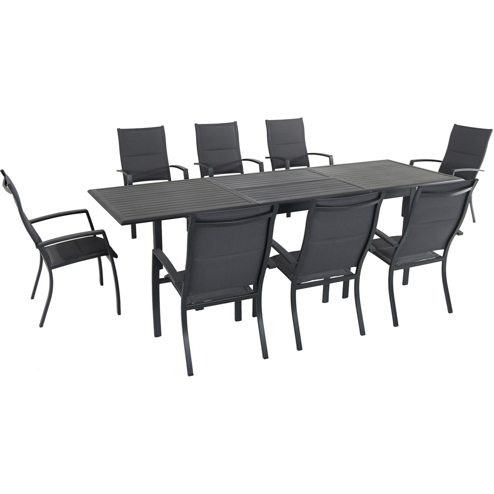 Dawson9pc: 8 High Back Padded Sling Chairs, 78-118" Alum Extension Table