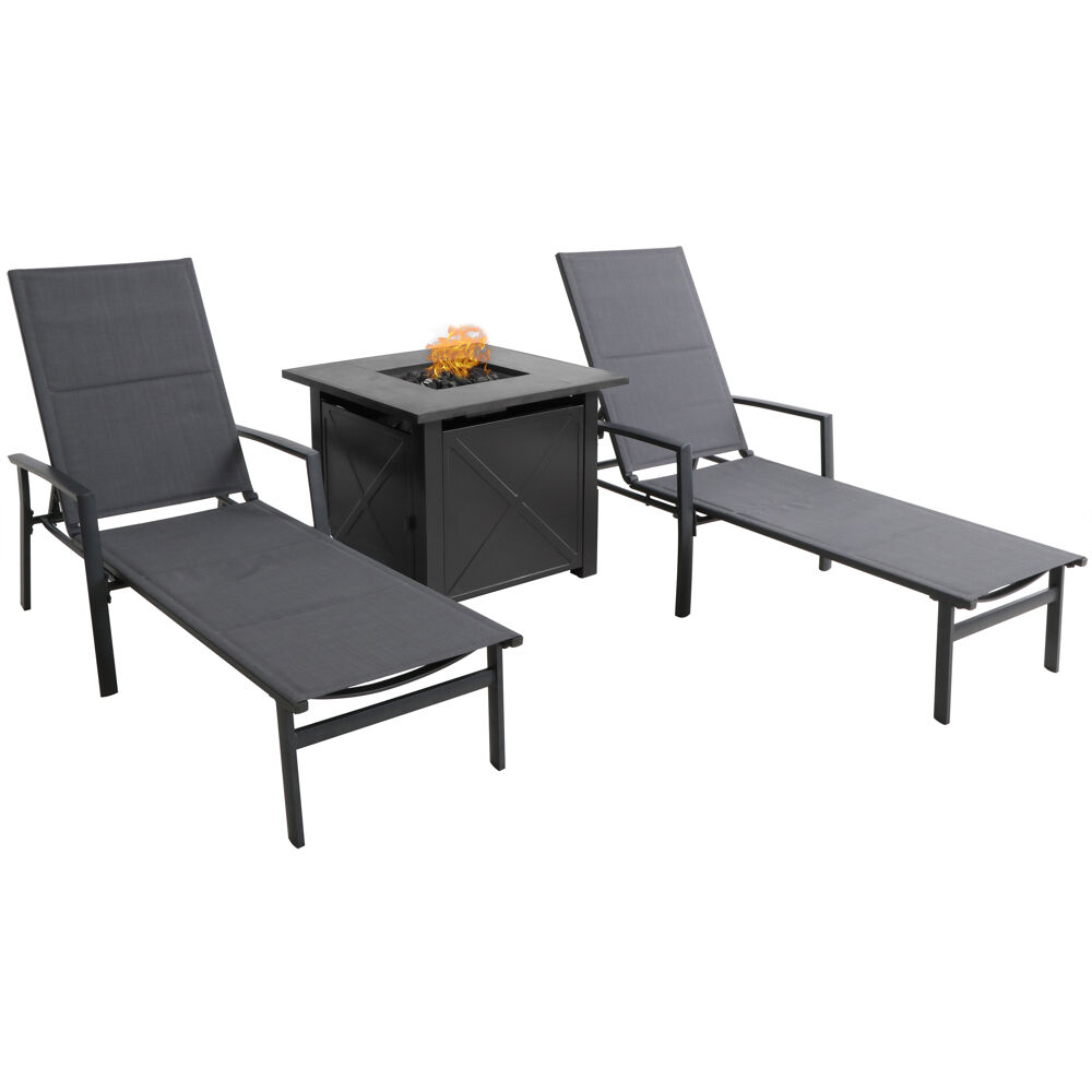 Halsted 3pc Set: 2 Padded Lounge Chaises with Tile Top Fire Pit