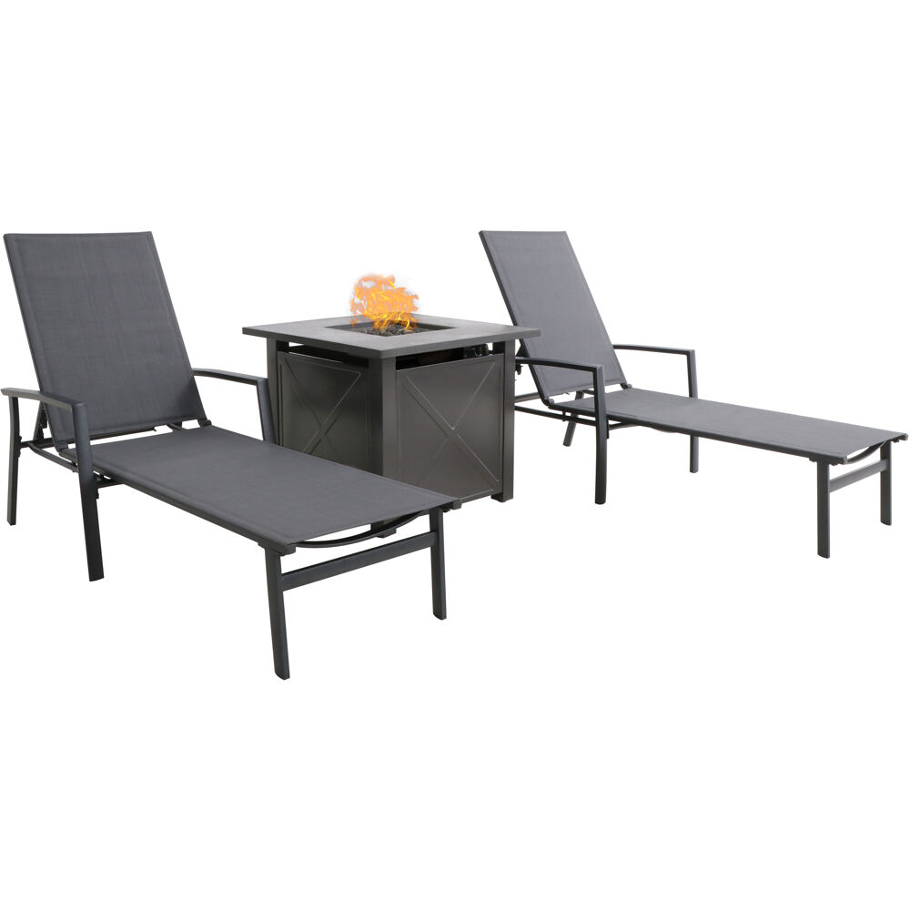 Naples 3pc Chaise Set: 2 Alum Chaise Lounges and Tile Top Fire Pit