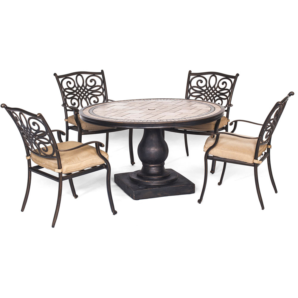 Monaco5pc: 4 Cush Dining Chairs, 51" Round Tile Top Table