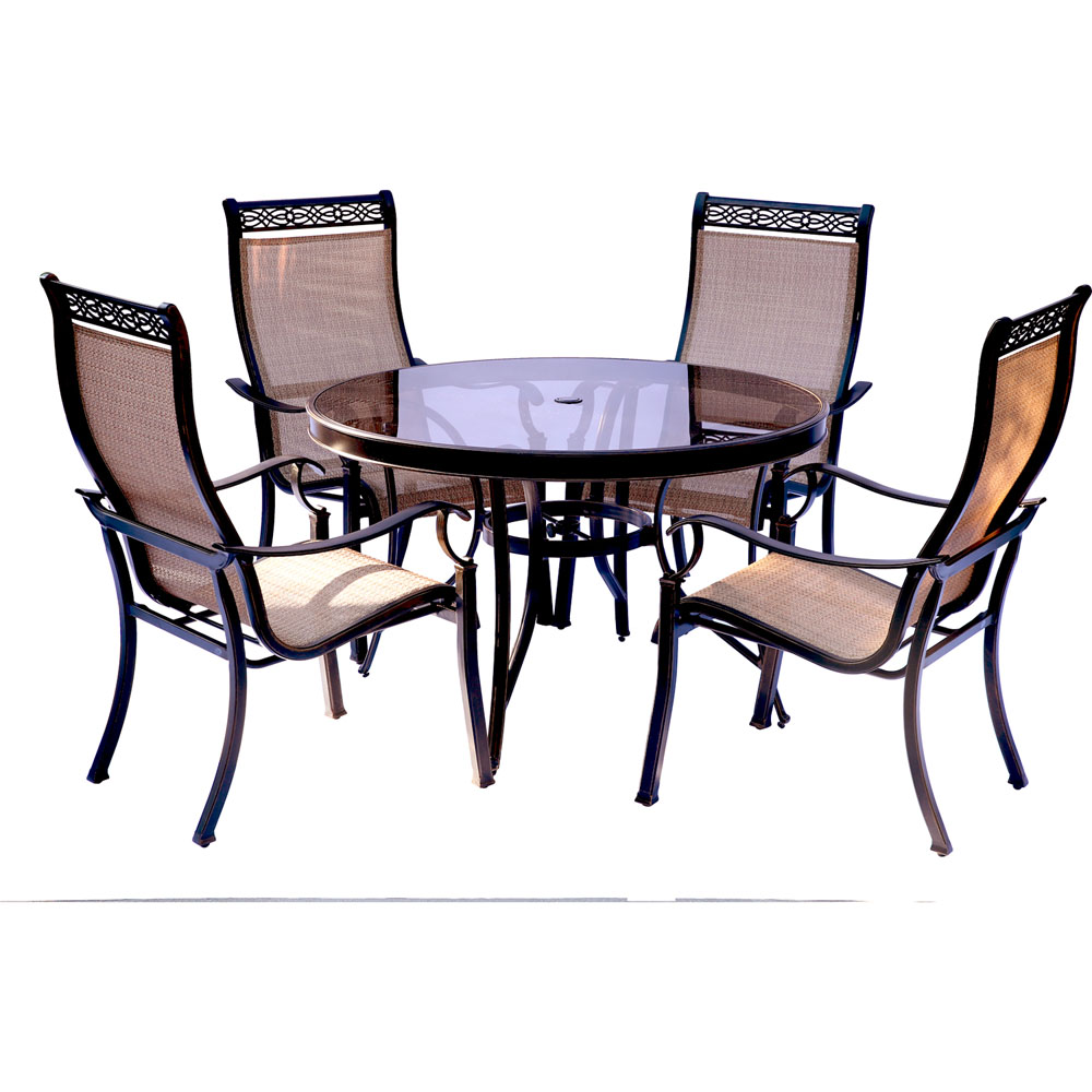 Monaco5pc: 4 Sling Dining Chairs, 48" Round Glass Top Table