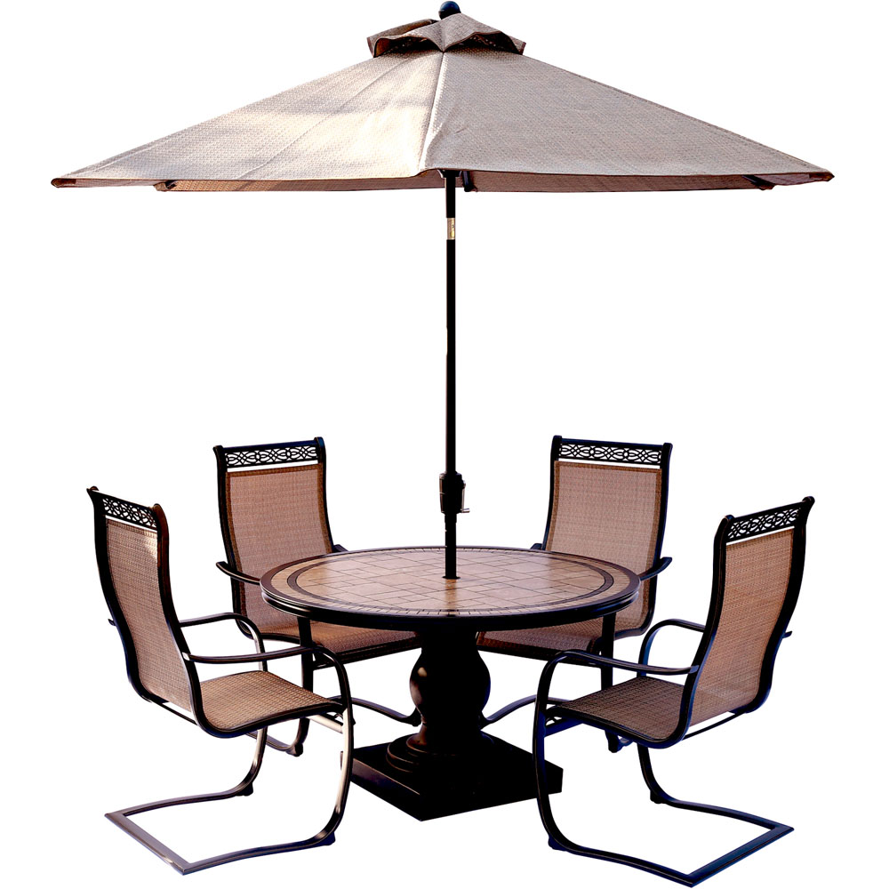 Monaco5pc: 4 Sling Spring Chairs, 51" Round Tile Top Table, Umbrella