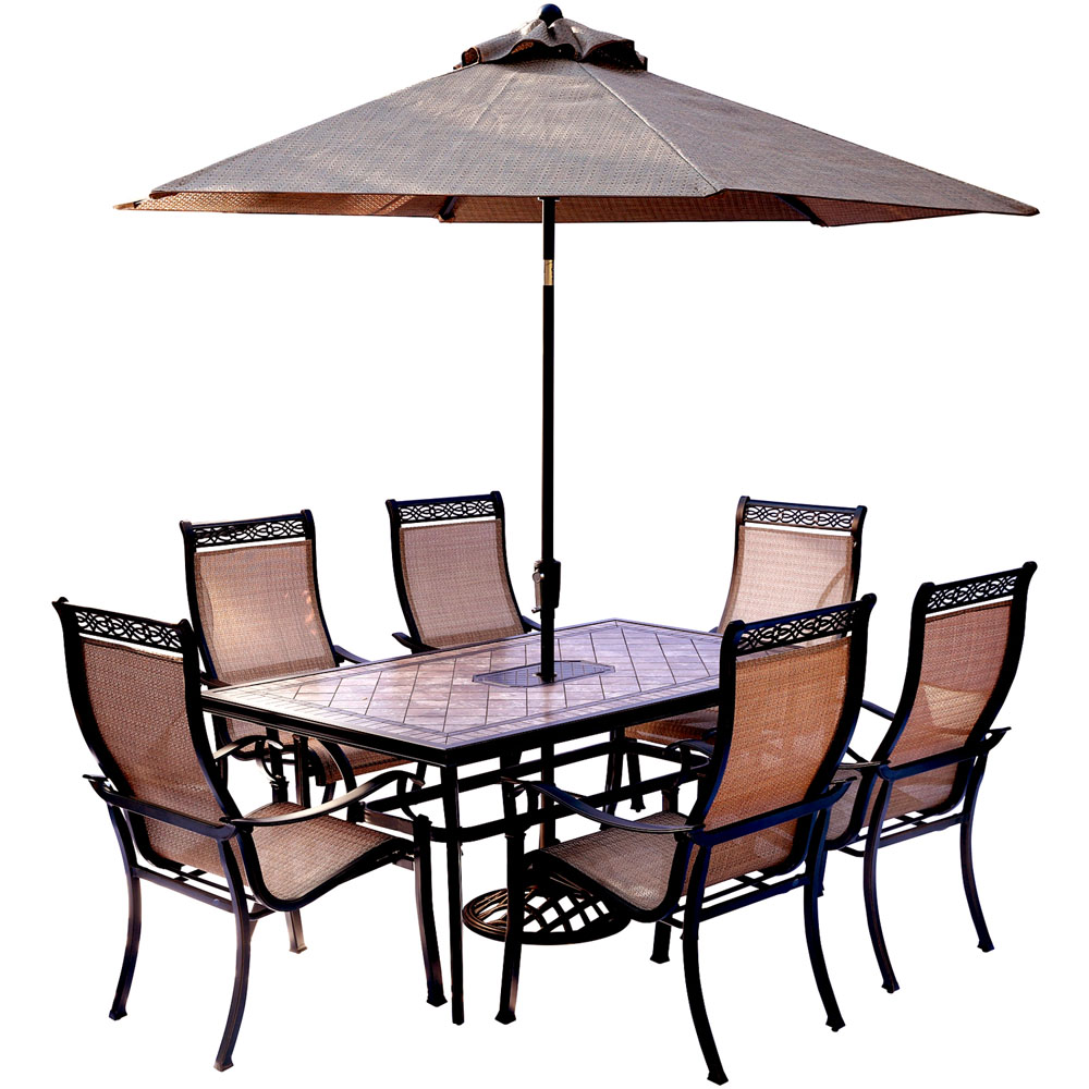 Monaco7pc: 6 Sling Dining Chairs, 40x68" Tile Top Table, Umbrella, Base