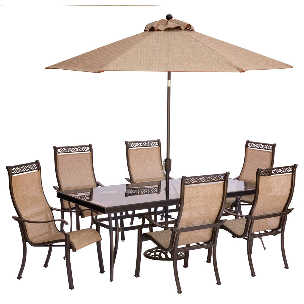 Monaco7pc: 6 Sling Dining Chairs, 42x84" Glass Top Table, Umbrella, Base