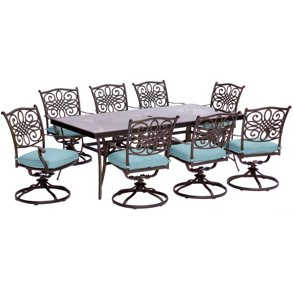 Traditions9pc: 8 Swivel Rockers, 42x84" Glass Top Table