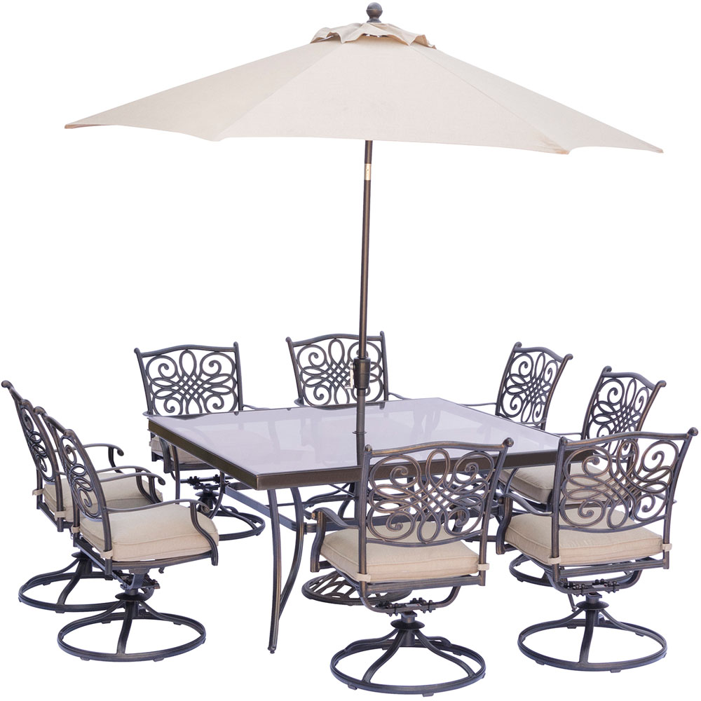 Traditions9pc: 8 Swivel Rockers, 60" Square Glass Top Table, Umb, Base