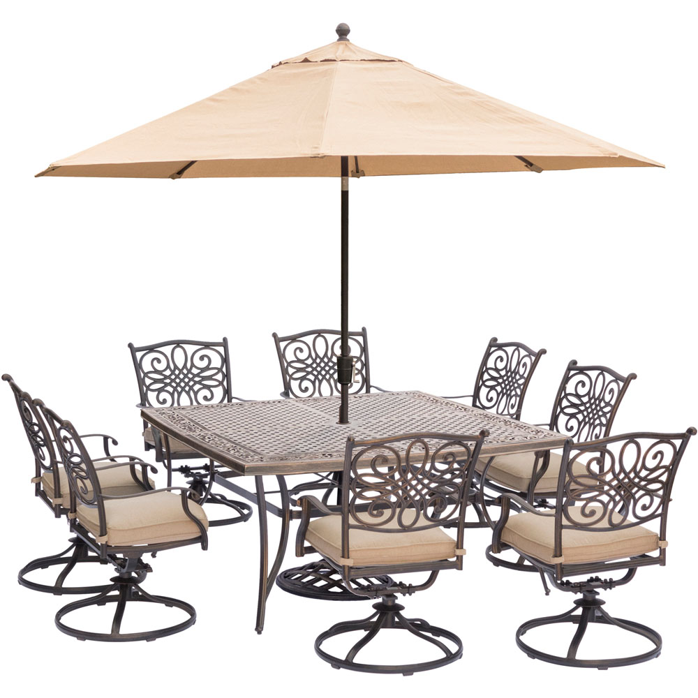 Traditions9pc: 8 Swivel Rockers, 60" Square Cast Top Table, Umb, Base