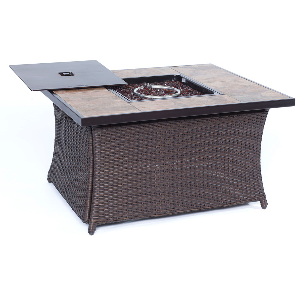 Hanover Woven Coffee Table Fire Pit with Porcelain Tile Top and Lid