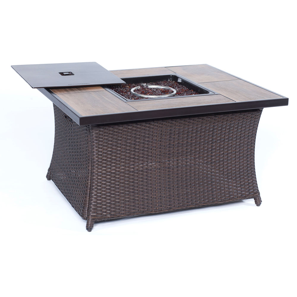 Hanover Woven Coffe Table Fire Pit with Wood Grain Tile Top and Lid