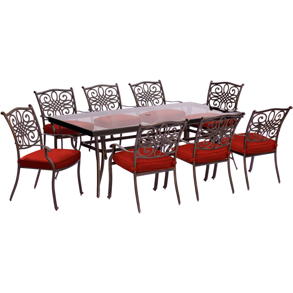 Traditions9pc: 8 Dining Chairs, 42x84" Glass Top Table