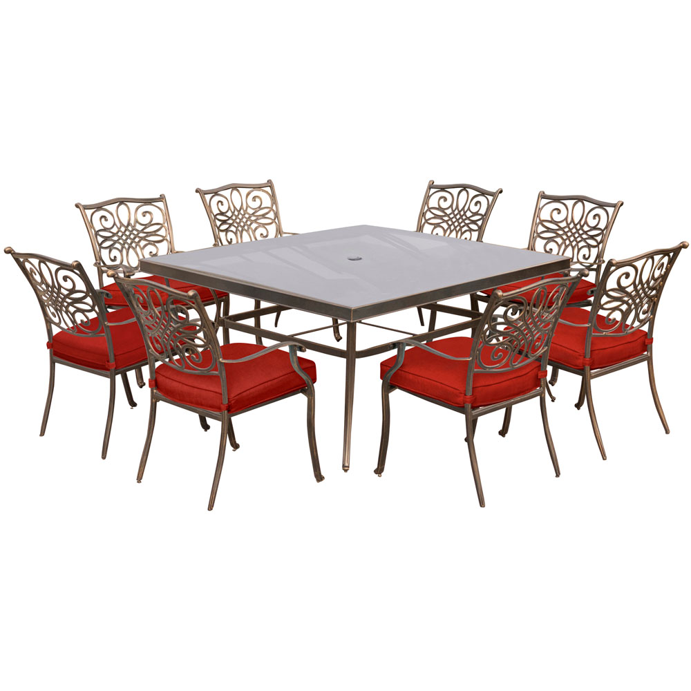 Traditions9pc: 8 Dining Chairs, 60" Square Glass Top Table