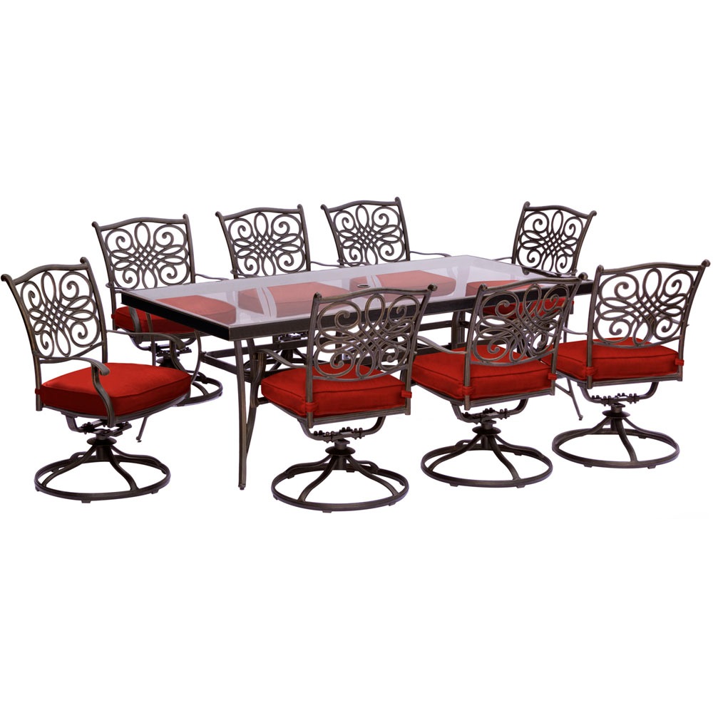 Traditions9pc: 8 Swivel Rockers, 42x84" Glass Top Table