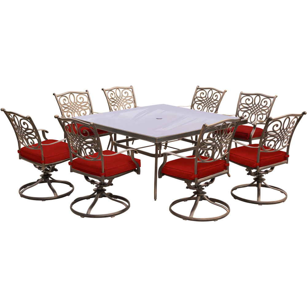 Traditions9pc: 8 Swivel Rockers, 60" Square Glass Top Table