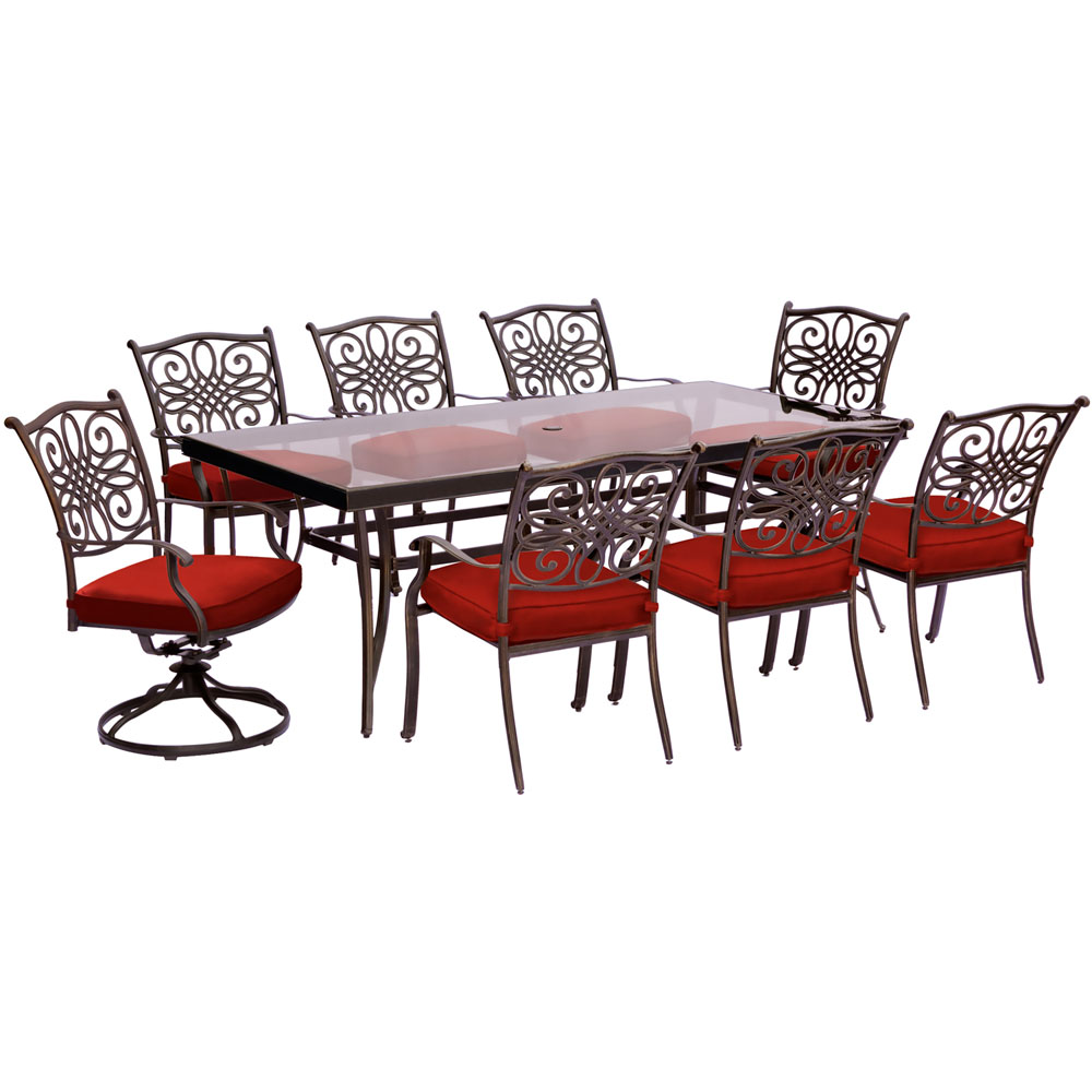 Traditions9pc: 6 Dining Chairs, 2 Swivel Rockers, 42x84" Glass Top Table