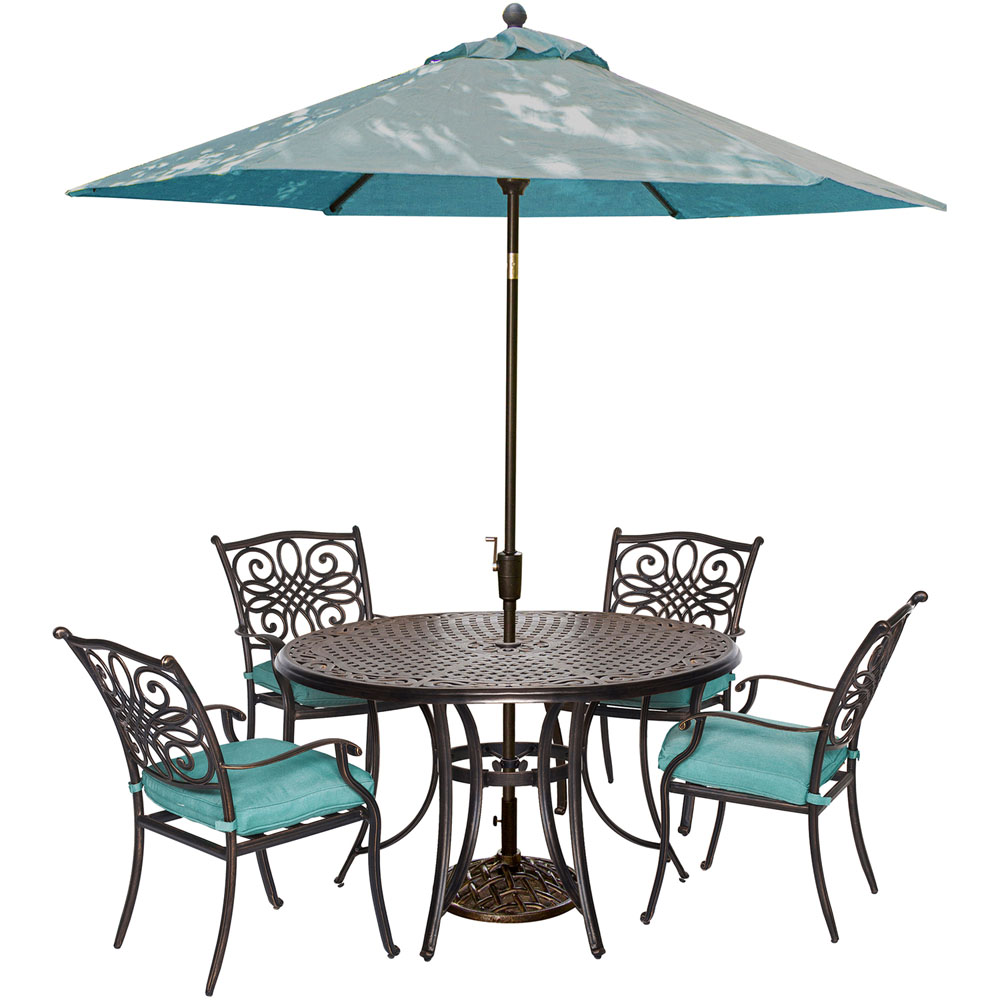 Traditions5pc: 4 Dining Chairs, 48" Round Cast Table, Umbrella, Base