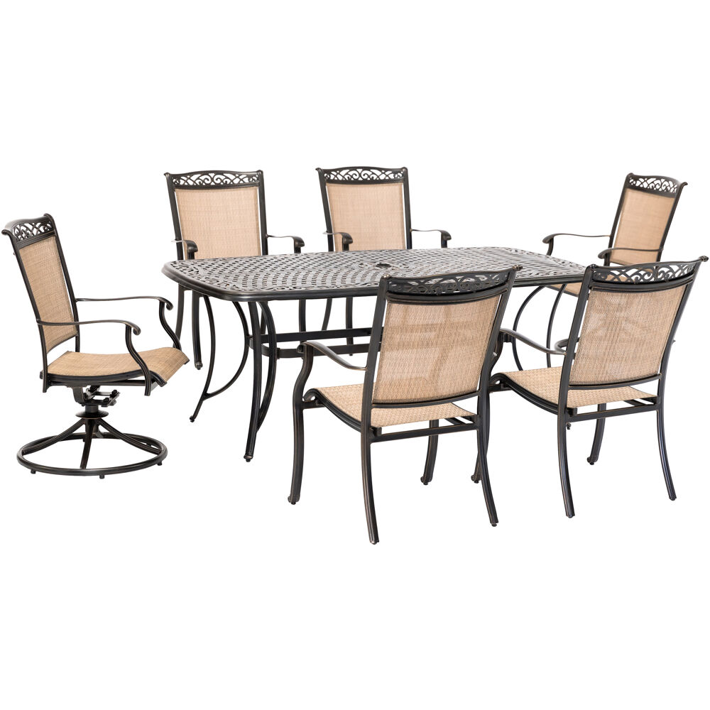 Fontana7pc: 4 Dining Chairs, 2 Swivel Rockers, 38"x72" Cast Table
