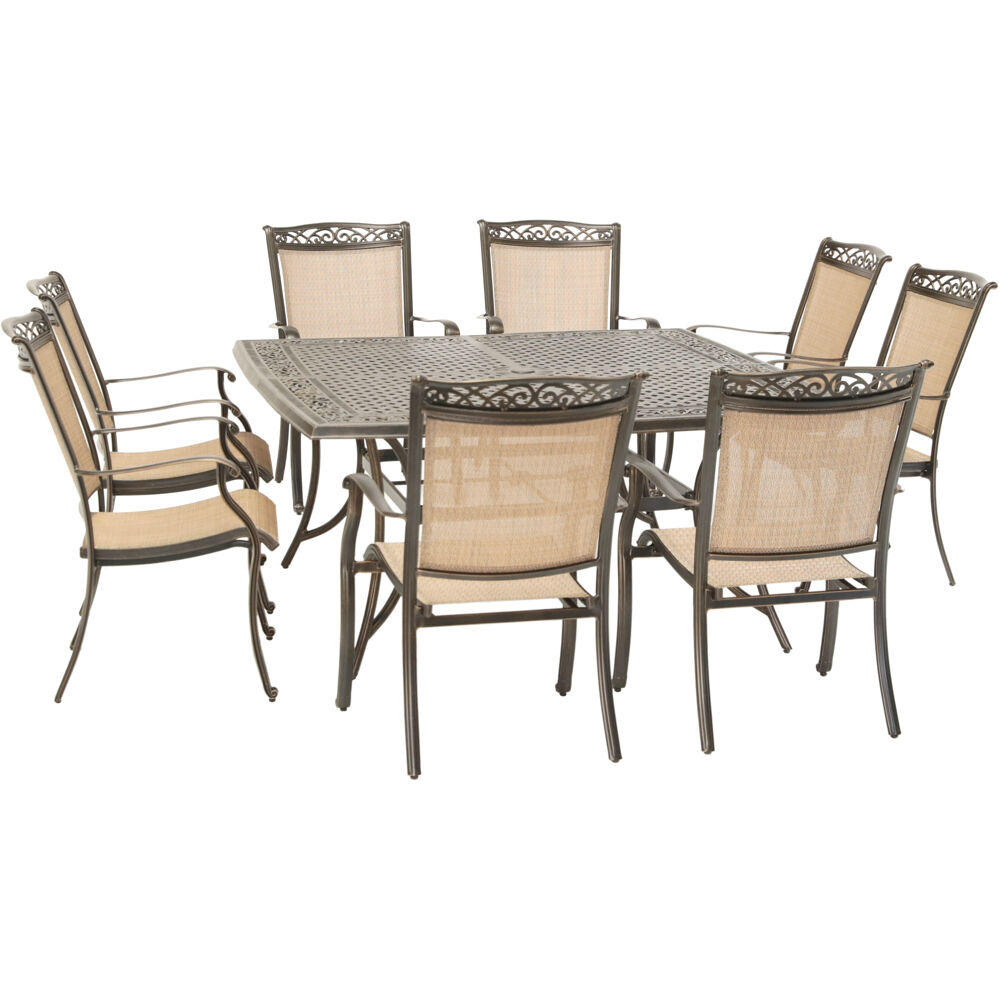 Fontana9pc: 8 Sling Dining Chairs and 60" Square Cast Table
