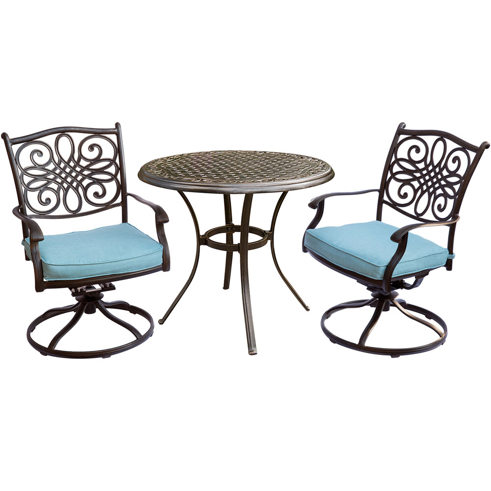 Traditions3pc Bistro: 2 Swivel Rockers, 32" Round Cast Table, Cover