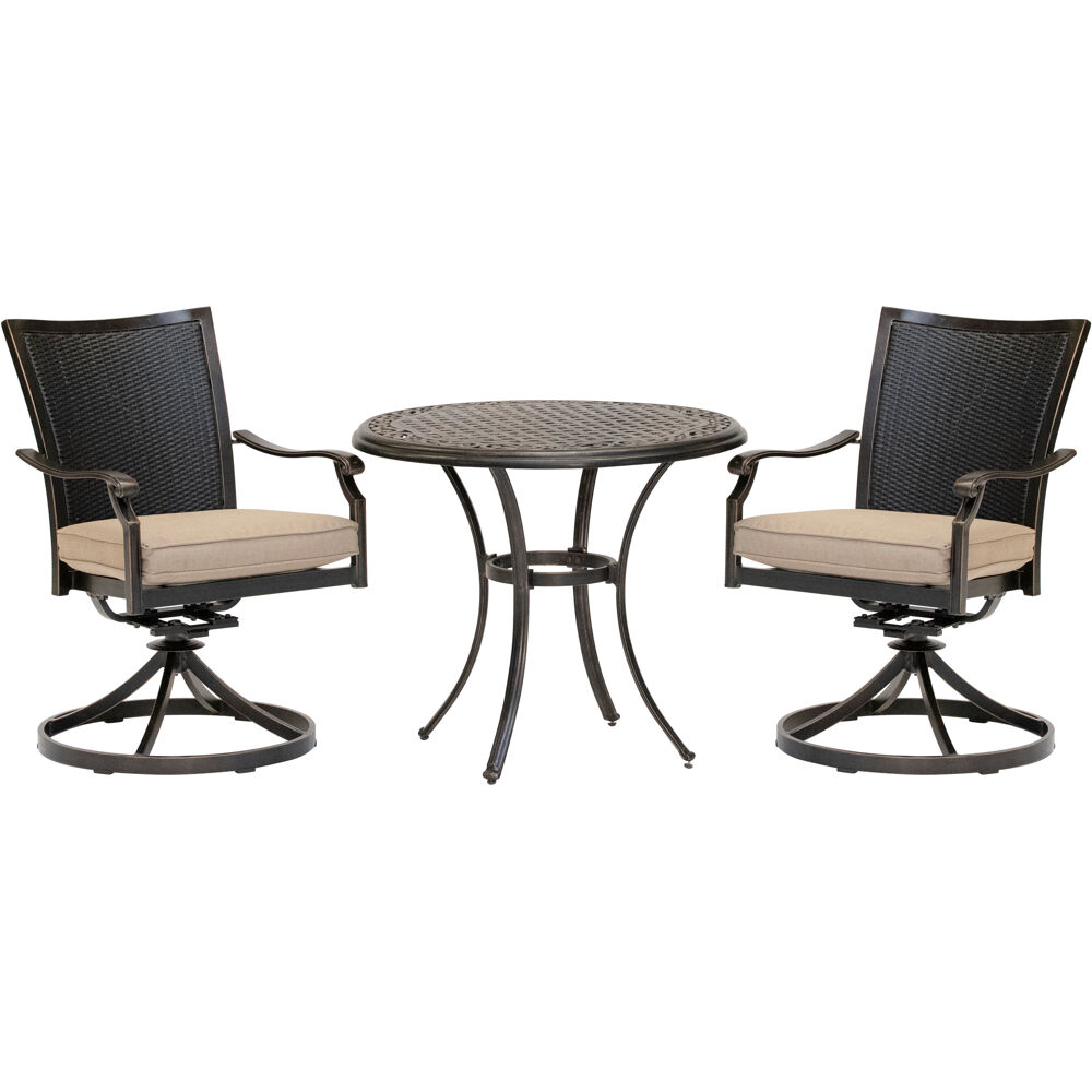 Traditions3pc: 2 Wicker Back Swivel Rockers, 32" Round Cast Table