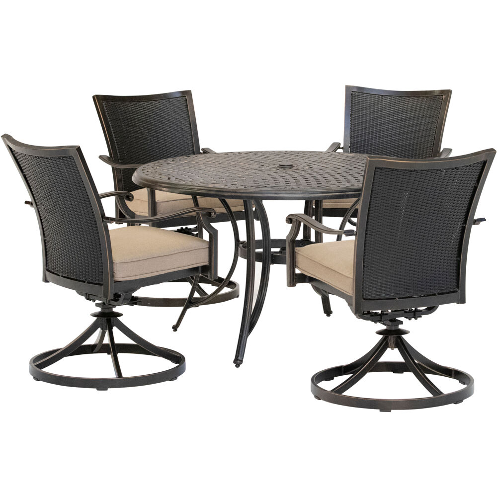 Traditions5pc: 4 Wicker Back Swivel Rockers, 48" Round Cast Table
